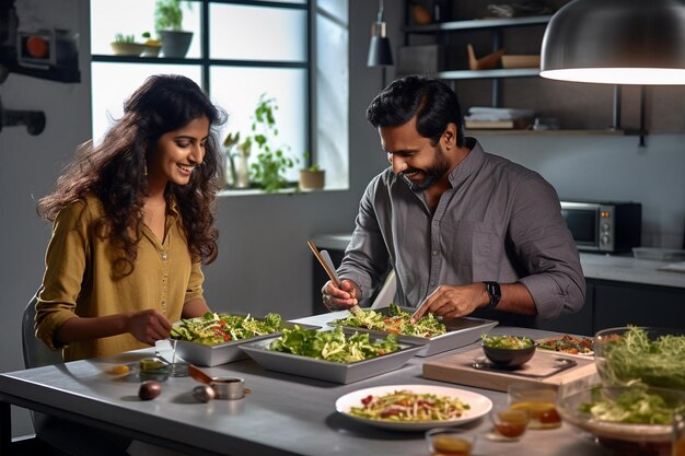 Photo a indian couple partaking of organic food in the homes heart