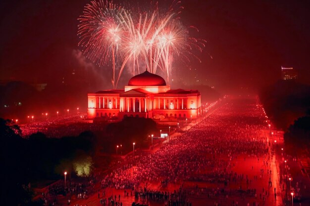 Photo indian crowd people celebration diwali festival of lights in night with candle lights fireworks at mosque background generated ai