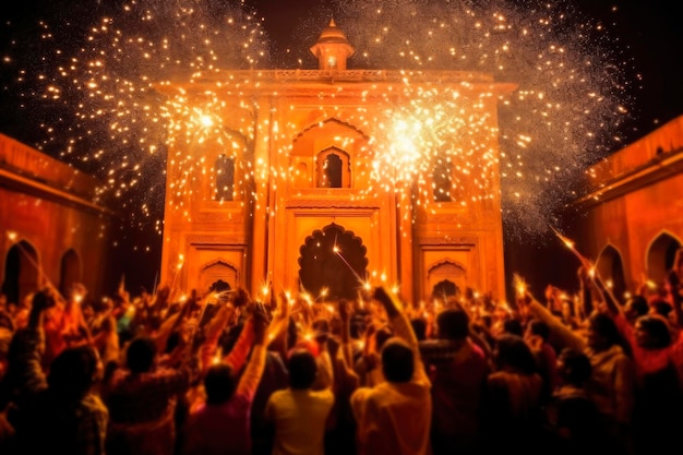 写真 インド 人 の 祝い ディワリ 夜 の 光 の 祭り ろうそく の 灯り と 祭り 火花 の モスク の 背景 に ai が 生み出さ れ た