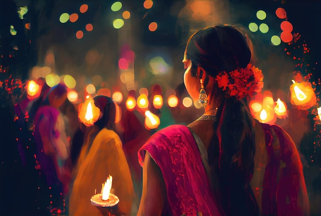 Photo indian crowd people in the diwali the festival of lights in the night with candle lights fireworks and mosque background generative ai