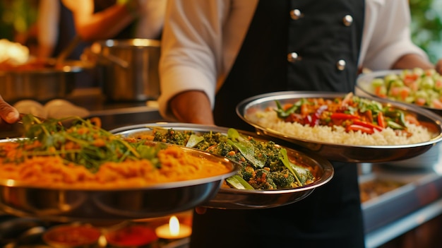 Foto una cucina indiana chole cameriere che serve in movimento in servizio nel ristorante il cameriere porta i piatti