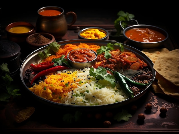 Indian cuisine thali on a table with different Indian foods