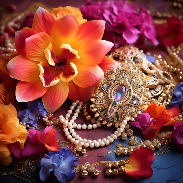 Indian culture celebrates jewelry necklaces with flowers and colorful backgrounds generative ai