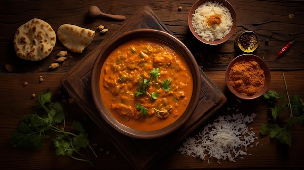 Indian Curry On Wooden Table A Villagecore Delight