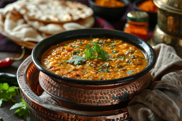 Indian dal Traditional Indian soup lentils Indian Dhal spicy curry in bowl spices herbs