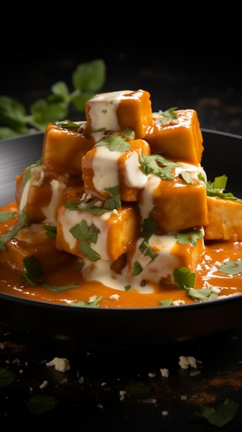 Indian delight Vertical shot of paneer butter masala on black surface tempting and flavorful Vertic