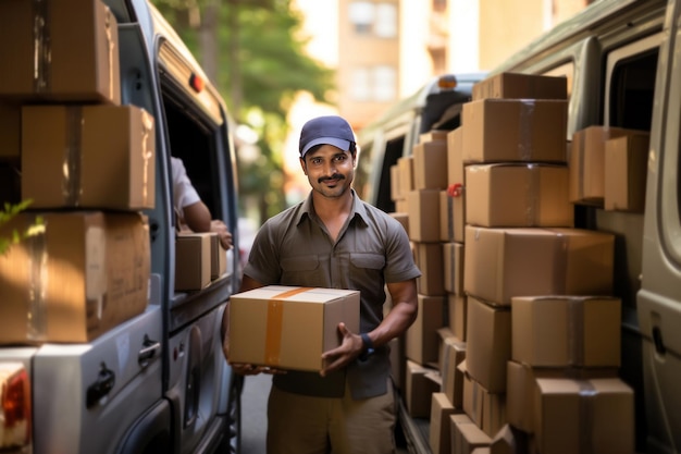 Indian delivery man carrying Boxes from delivery van