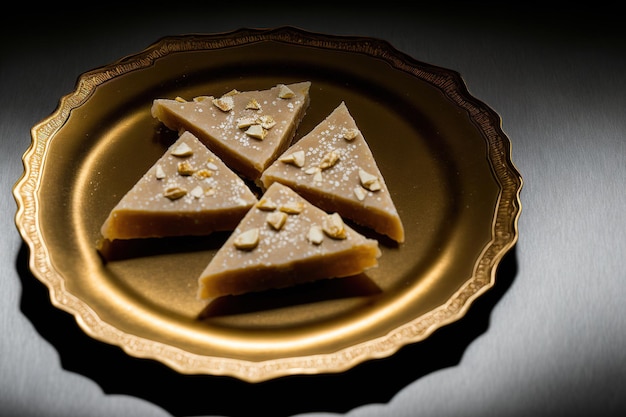 Indian dessert known as Kaju Katli is a diamond shaped confection made with cashew sugar and mava and served on a platter against a somber backdrop discerning concentration