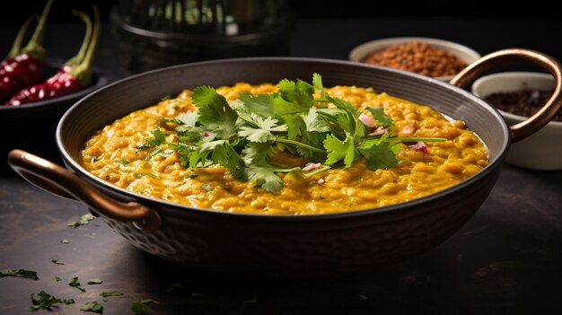 Foto dhal indiano con lenticchie rosse guarnite con coriandolo