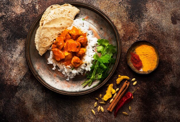 Indian dish Spicy chicken tikka masala with rice indian naan bread spices herbs