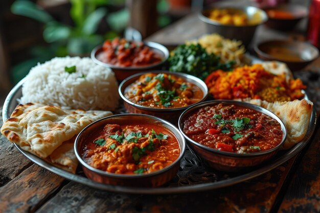 Индийское блюдо с курицей, карри, рисом, хлебом наан и закусками индийской кухни