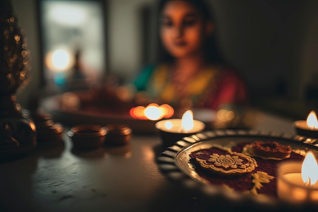 Foto festival indiano diwali, lampada accesa e candele sul tavolo