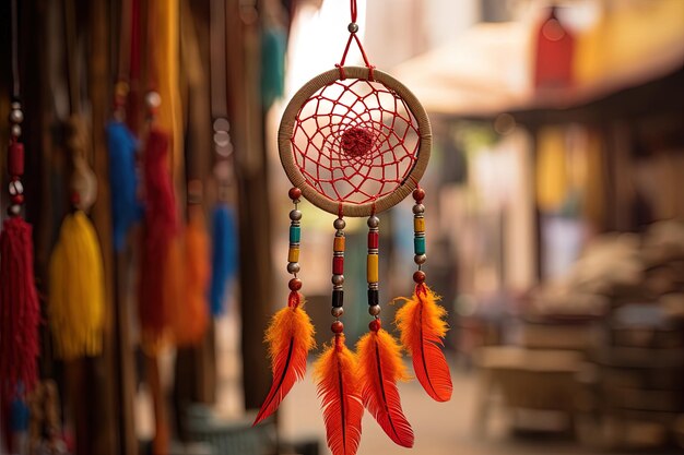 Indian dream catcher with amulet in urban environment contrast between tradition and modernity