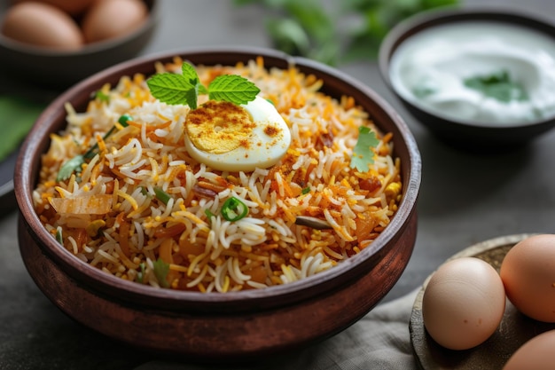 Indian Egg Biryani or anda rice served in kadhai or kadai with yogurt dip selective focus