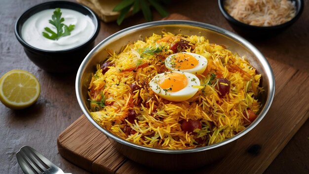 Indian egg biryani or anda rice served in kadhai or kadai with yogurt dip selective focus