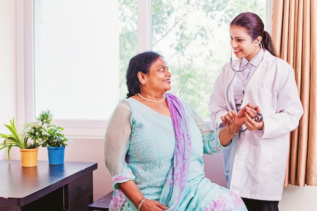 Indian elderly woman getting a health checkup