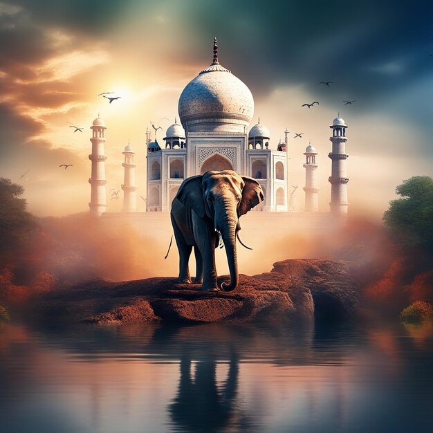 Photo indian elephant on a cliff ledge with the taj mahal in the surreal fantasy landscape
