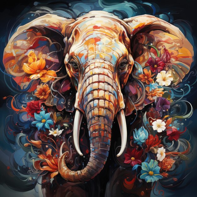 Indian elephant in floral pattern Abstract art print Elephant collected from different elements of floral pattern surrounded by romantic decorations of flowers