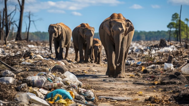 Indian elephants walking near garbage dump at Sri Lanka South Asia