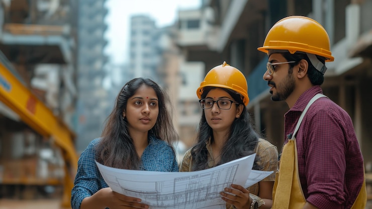 फोटो indian engineers and architects collaborating on building plans at a construction site