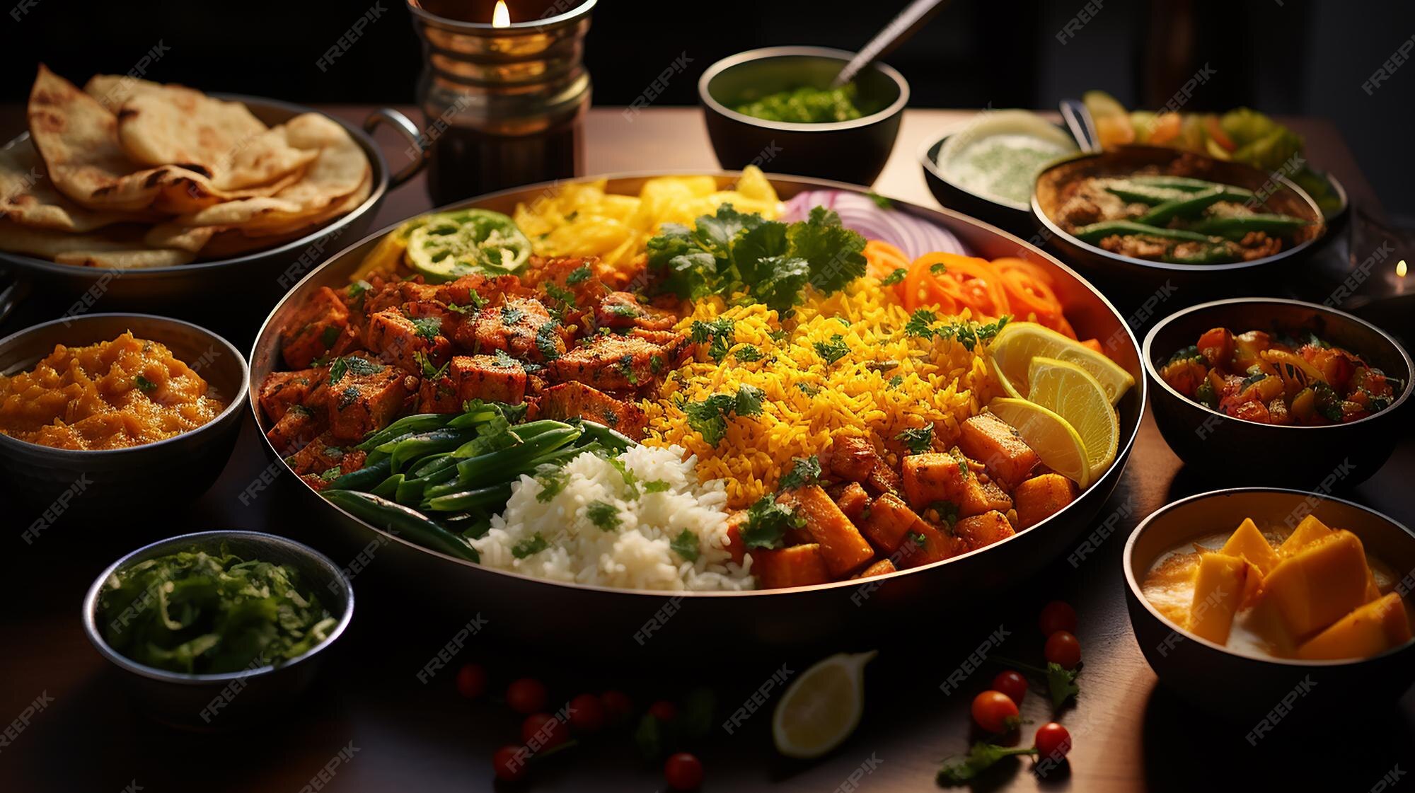 Premium AI Image | Indian ethnic food buffet on white concrete table