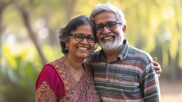 Indian ethnicity Portrait of Happy senior couple at summer park