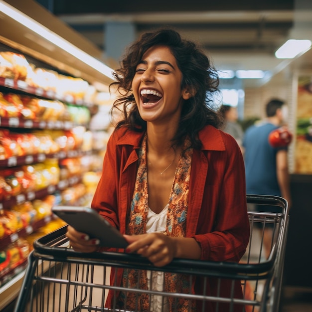 indian excited woman laughing and using cellphone at supermarket