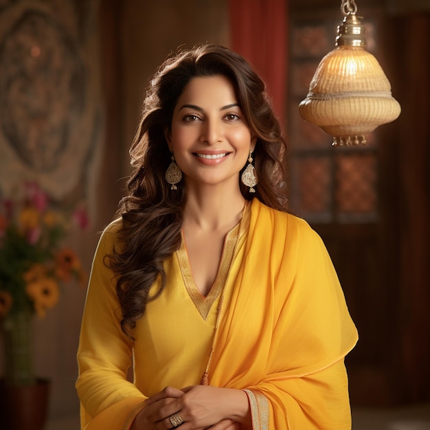 Photo indian executive woman with yellow dress smiling