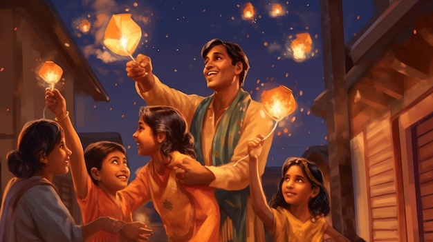 Indian family celebrates Diwali at night