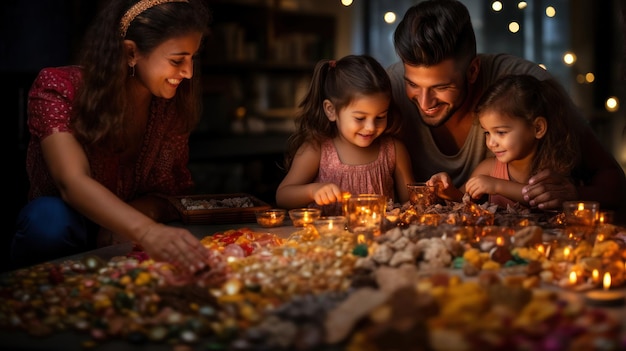 Indian family celebrating Diwali festival with lit candles and sweets