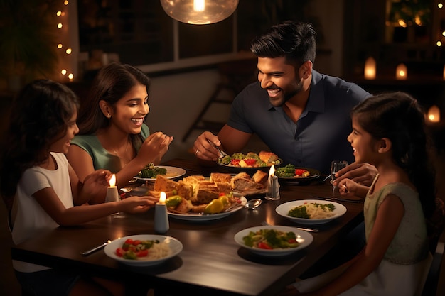 Indian family celebrating a festival with a grand meal