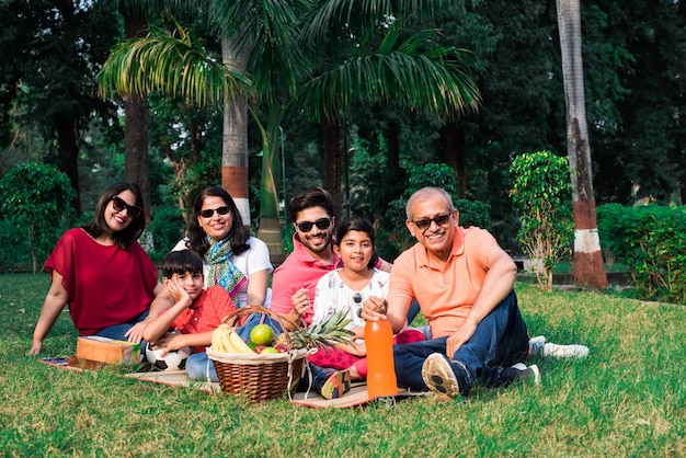 Indian family enjoying picnic - multi generation of asian
family sitting over lawn or green grass in park with fruit basket,
mat and drinks. selective focus