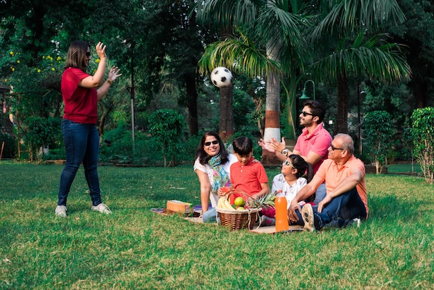 Indian family enjoying picnic - multi generation of asian\
family sitting over lawn or green grass in park with fruit basket,\
mat and drinks. selective focus