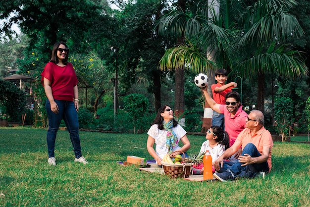 Indian family enjoying picnic - multi generation of asian
family sitting over lawn or green grass in park with fruit basket,
mat and drinks. selective focus