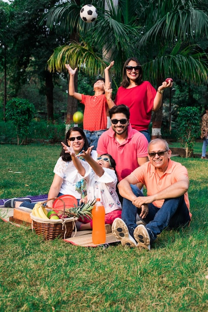 Indian Family enjoying Picnic - Multi generation of asian family sitting over lawn or green grass in park with fruit basket, mat and drinks. selective focus