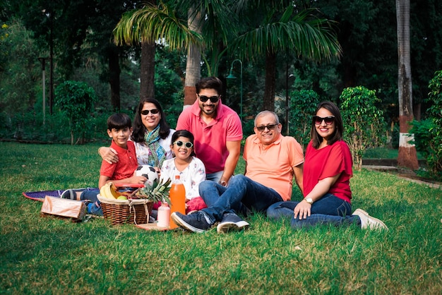 Indian Family enjoying Picnic - Multi generation of asian family sitting over lawn or green grass in park with fruit basket, mat and drinks. selective focus