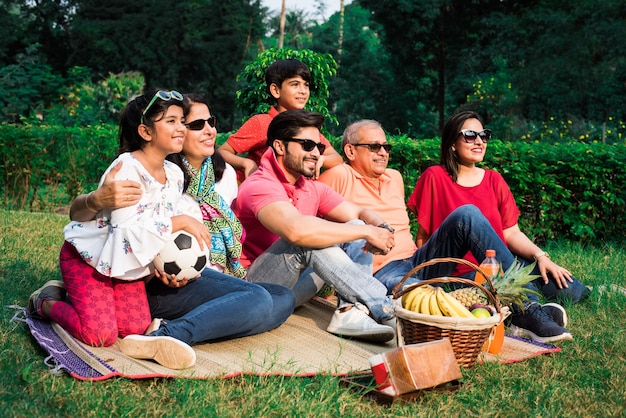 Indian family enjoying picnic - multi generation of asian
family sitting over lawn or green grass in park with fruit basket,
mat and drinks. selective focus