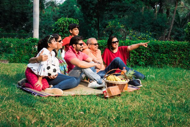 Indian family enjoying picnic - multi generation of asian\
family sitting over lawn or green grass in park with fruit basket,\
mat and drinks. selective focus