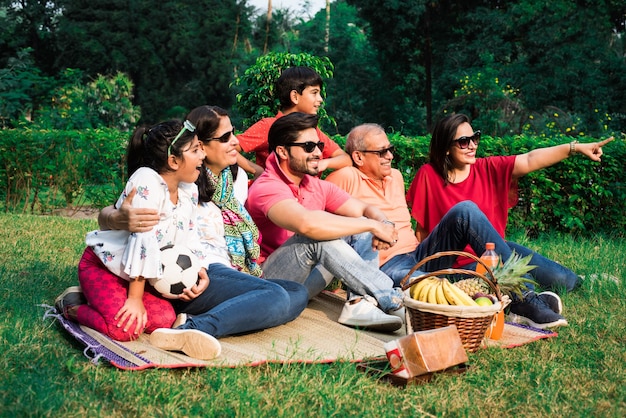 Famiglia indiana che si gode il picnic - multi generazione di famiglie asiatiche sedute sul prato o sull'erba verde nel parco con cesto di frutta, tappetino e bevande. messa a fuoco selettiva