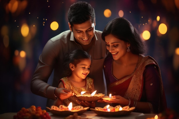 Индийская семья горящая дия и празднующая фестиваль Дивали