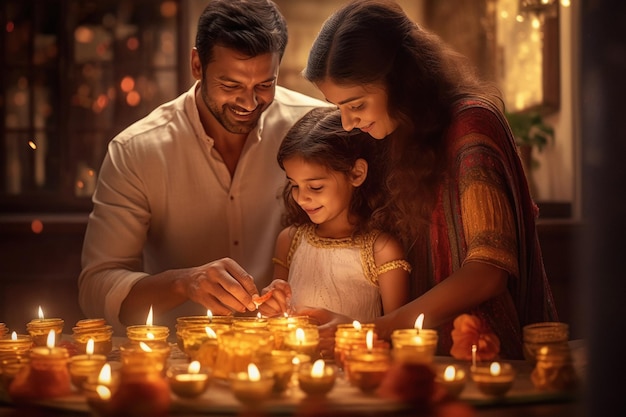 Indian family flaming diya in diwali festival