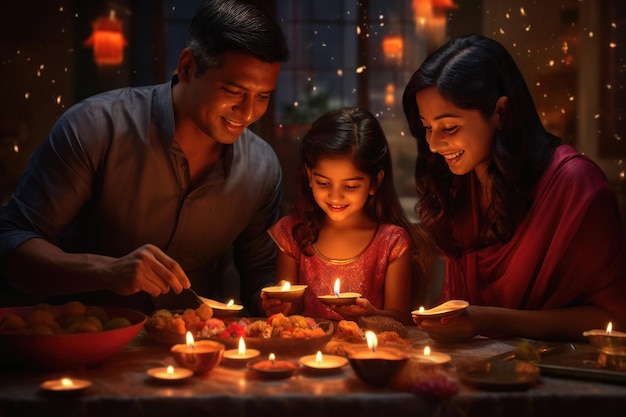 Indian family flaming diya in diwali festival