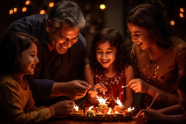 写真 インドの家族がディヤやオイルランプを燃やしてディワリ祭を祝う
