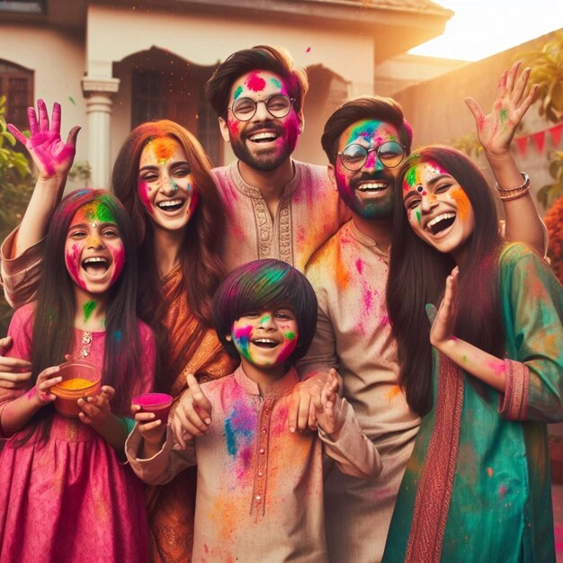 Индийская семья и друзья празднуют индийские праздники Счастливые праздники Наваратри Шиватратри Холи