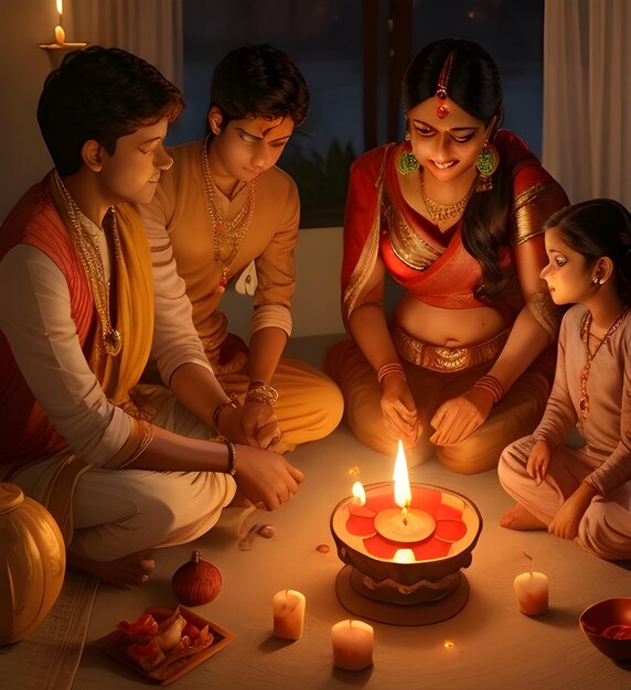 Indian family in traditional sari lighting oil lamp and celebrating diwali fesitval of lights insid