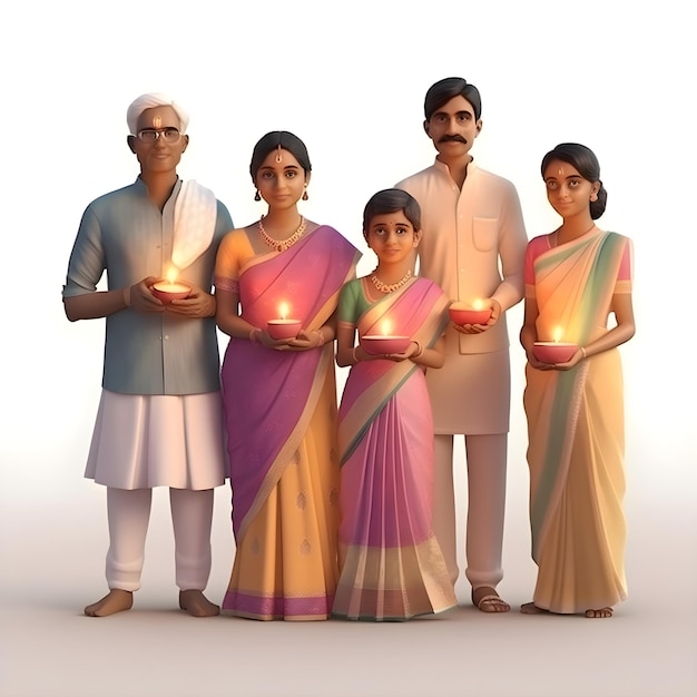 디왈리 랜턴 3D 렌더링이 있는 인도 가족