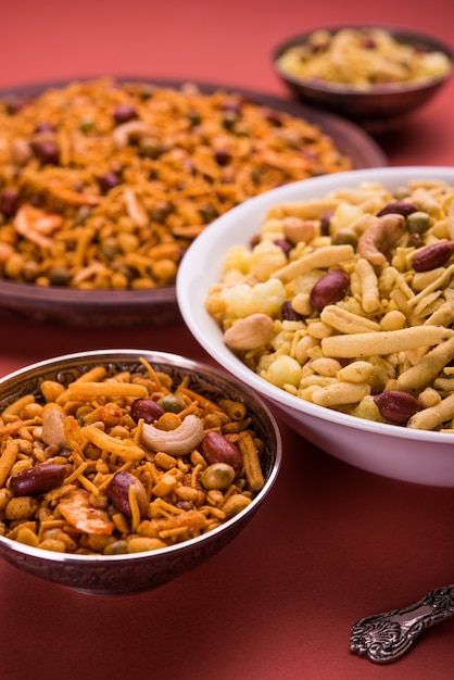 Indian famous snack called Farsan or chivada or chakna with hot tea