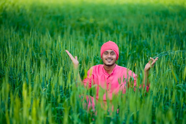 Indian farmer holding crop plant in hand at Wheat field