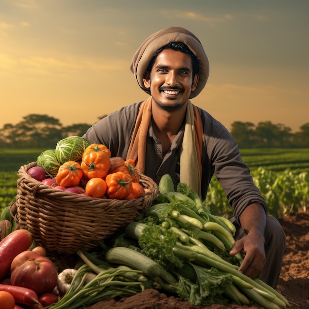 Indian farmer sitting with full of vegetables basket at agriculture field