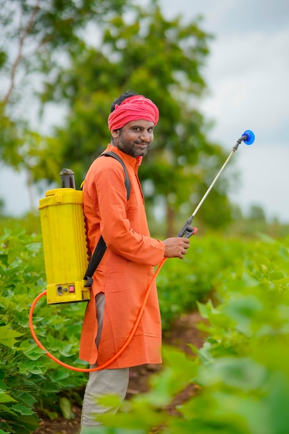 Indian farmer spraying pesticide at cotton field.